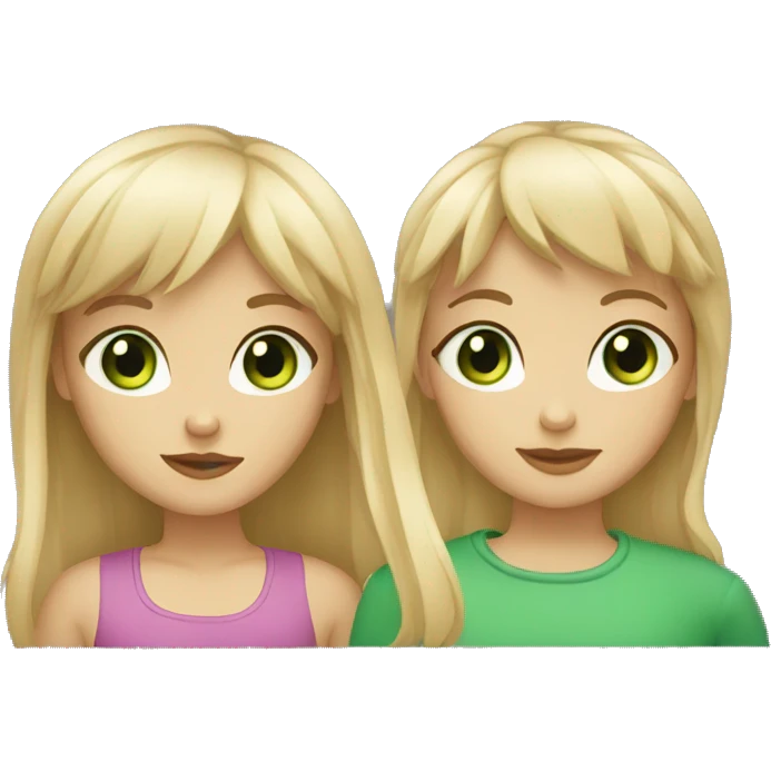 Two best friends, both with bangs, one blonde with blue eyes and the other brown hair with green eyes emoji