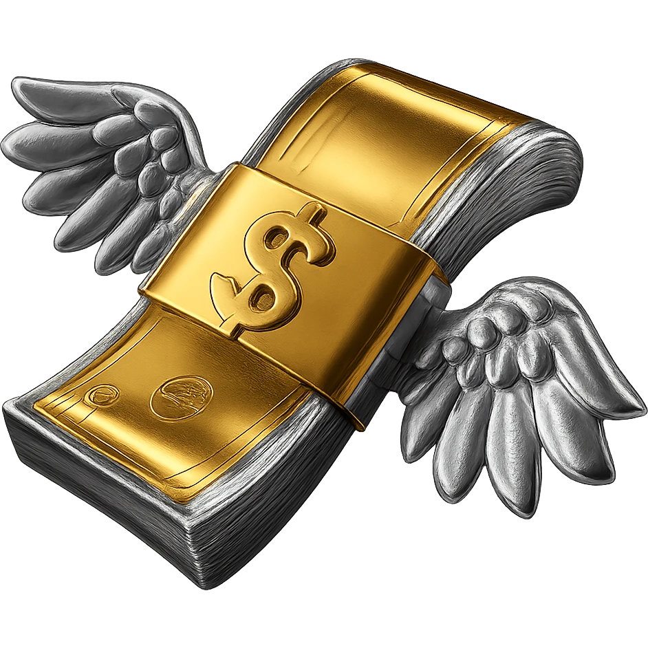 Make the money gold and shiny, keep the wings and all other areas chrome and metallic, no background. emoji