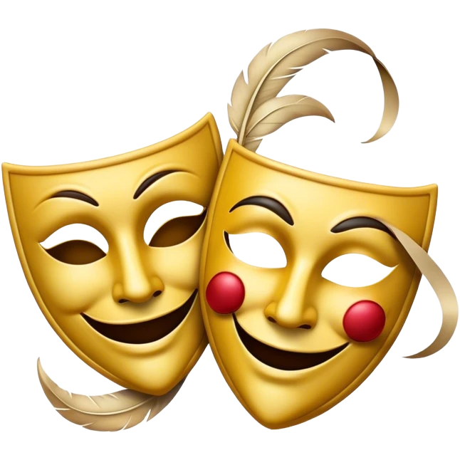 Create a dramatic emoji representing dramaturgy. The design should feature a classic theatre mask (comedy and tragedy), with one mask displaying a smiling face and the other a sad one. Include elements like a quill or fountain pen to symbolize the writing process, with dramatic lighting or shadows to enhance the theatrical feel. The background should be elegant, possibly with a curtain or spotlight effect, evoking a sense of drama and performance. Make the background transparent. emoji
