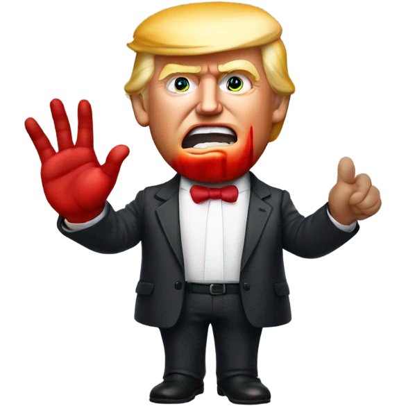 Donald trump holding his hand up with a timy drop of red dye on his face emoji