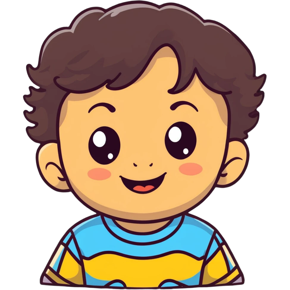 happy smiling toddler face with big eyes, medium skin tone, and dark wavy hair emoji