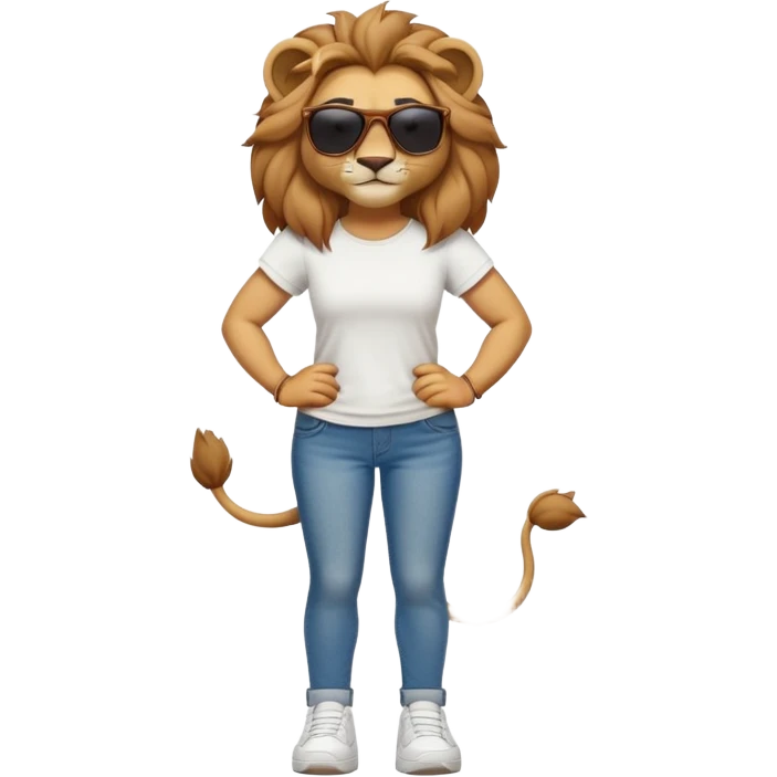 friendly anthropomorphised female lion character, full body, standing confidently with legs shoulder width apart and arms folded, wearing jeans, a white t-shirt, dark sunglasses, and trainers, with a confident smile emoji