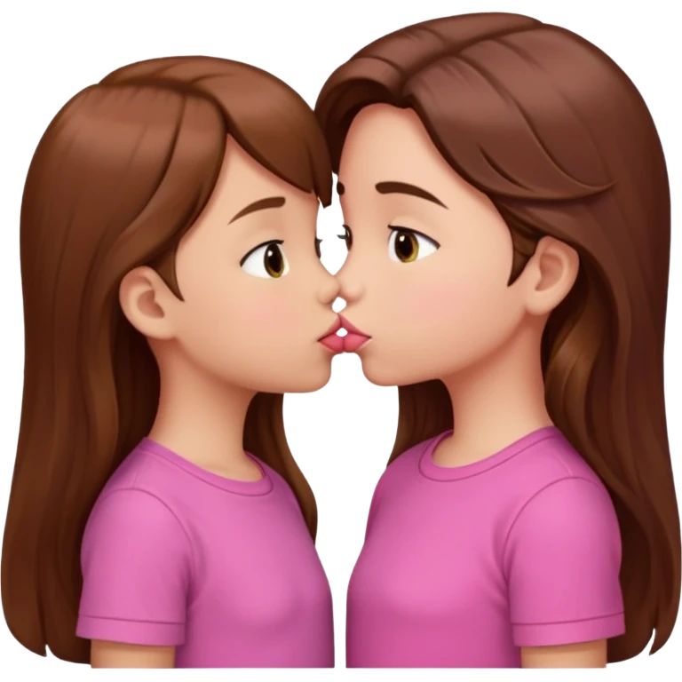two 5 year old gals about to kiss on the lips, lips extremely close but not touching, pink shirts, long brown hair emoji