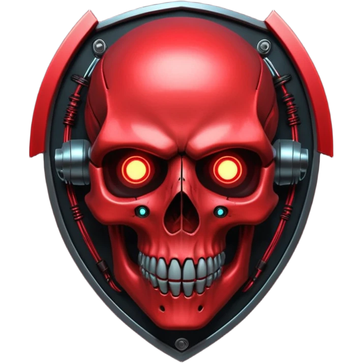 Cyberpunk shield, skull with cybernetic implants, glowing wires, dark electric red and black tones, no background emoji