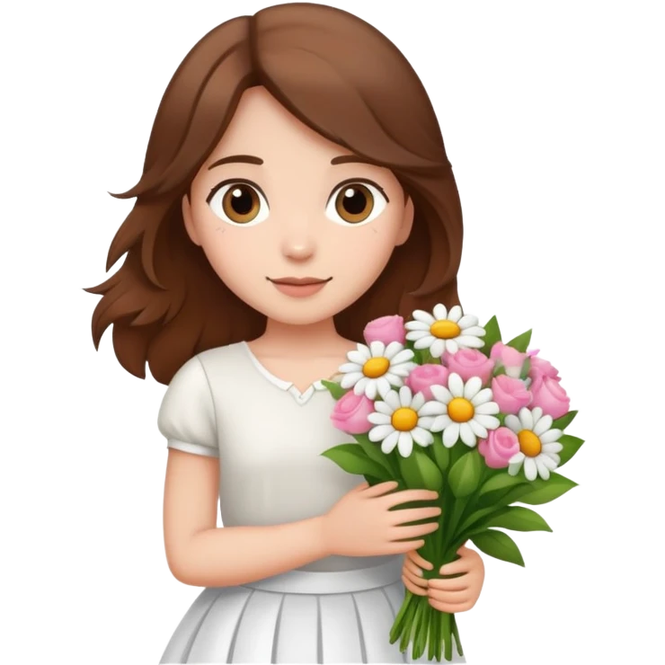 girl with brown hair wearing a white skirt holding a bouquet of flowers emoji