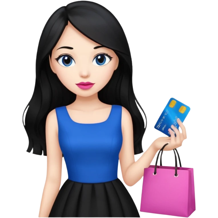 Girl with long black hair, pink lipstick, brown eyes holding shopping bags and blue credit card and wearing a black dress  emoji