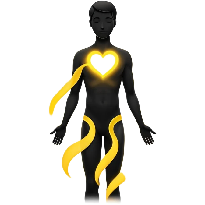 minimalist b&w male silhouette with flowing black-and-white curves across the lower body, now overlaid with a small, softly glowing spark or radiant light near the chest or head — heart symbolizing inspiration, inner fire, and creative energy awakening” style glow yellow emoji