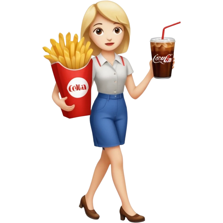 a young woman full length with cola in one hand and french fries in the other hand and a painting under her arm walking left emoji