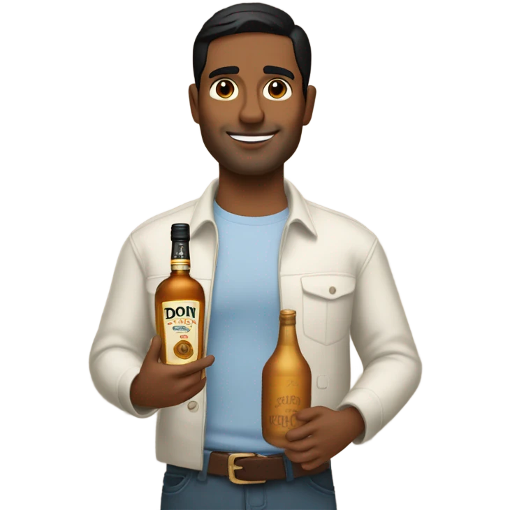 brown man with short straight black hair holding a bottle of don julio emoji