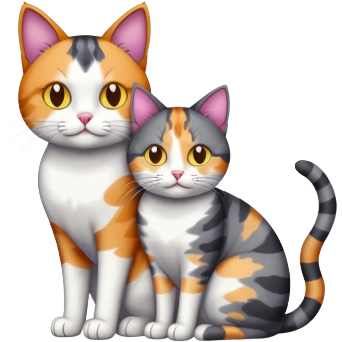 full body colourful light patched calico + white tabby cat cuddling a big dark grey and white tabby cat  emoji