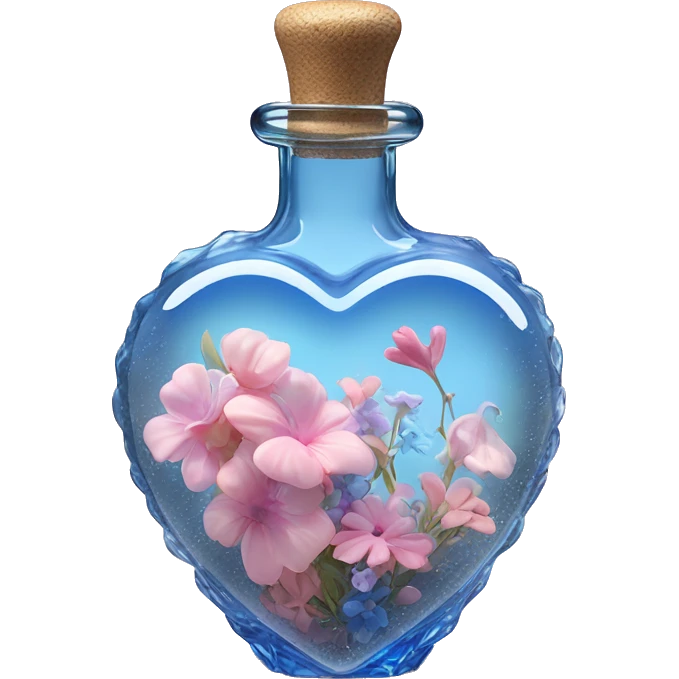 Antique oil heart bottle made of crystal glass of gentle colors of the blue and pink, a living flower fairy sits at the bottom of the bottle emoji