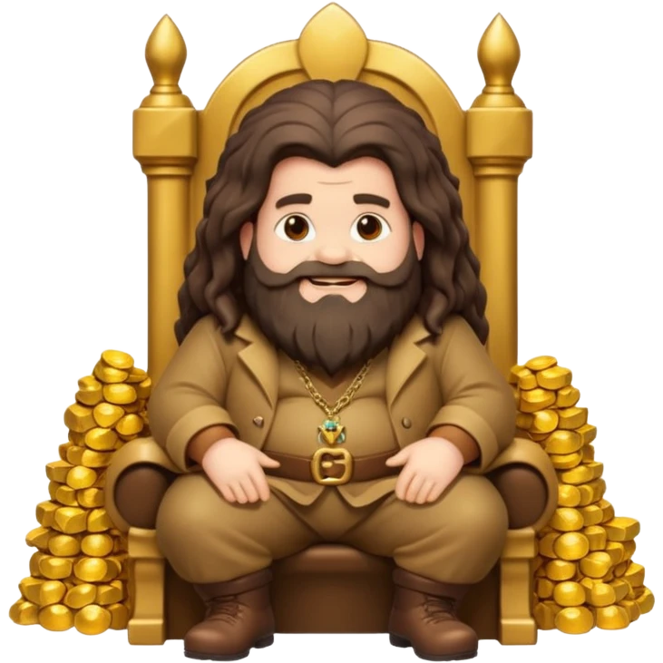 A cartoon Hagrid sitting on a throne made of gold, with piles of treasure around him, looking happy and rich, emoji style emoji