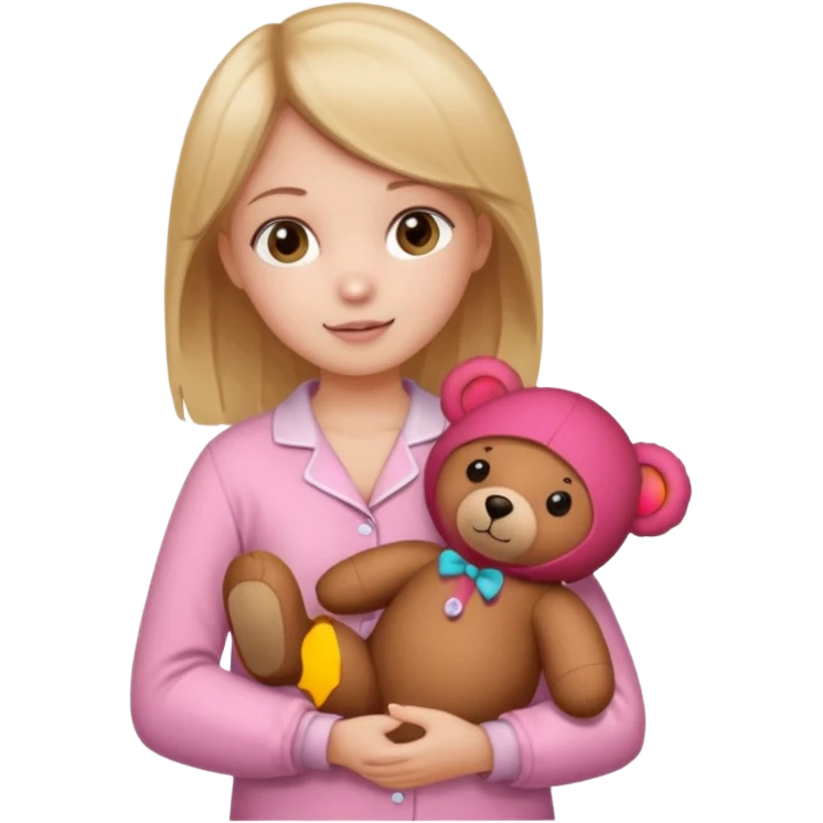 Gere uma menina com pijama e um urso emoji