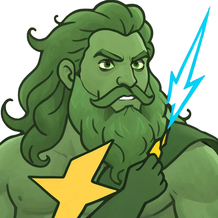 Zeus, the Greek god, with his beard, long curly hair, and regal attire, holding a lightning bolt emoji