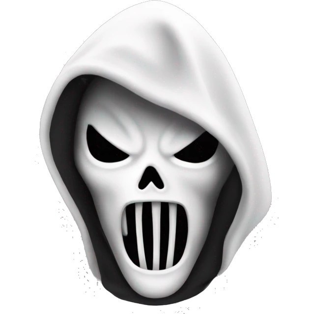 “Apple emoji of Ghostface: white mask with a screaming expression, dark eyes, and a black hooded cloak.” emoji