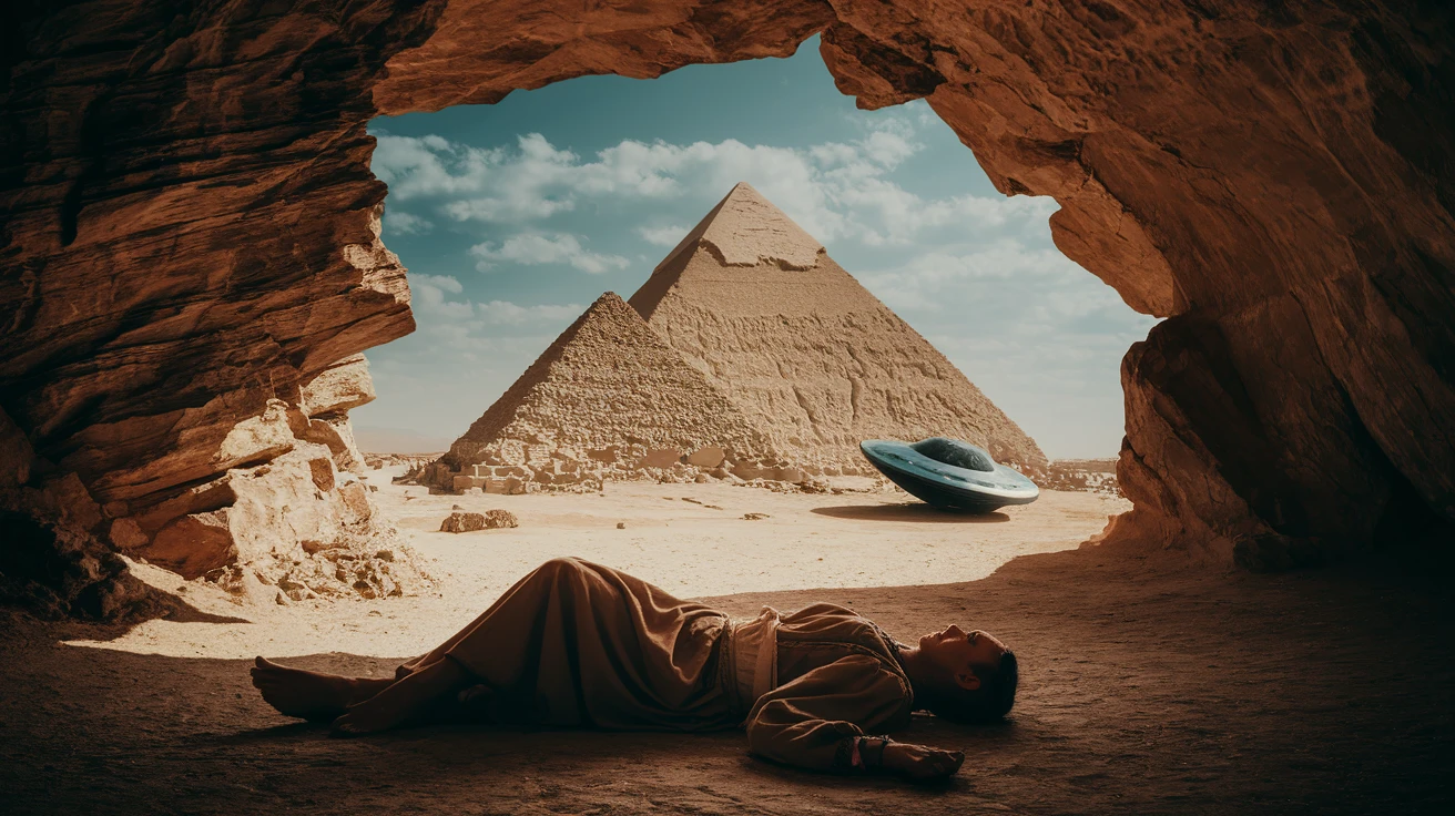 cinematic still, documentary photography, acient egypt, back shot of a man dress in ancient clothes in cave (frame in frame effect) on ground laying front of small ufo starship, palms, dynamic scane, leading lines, captured by arri alexa, depth layers, piramids in babckground emoji