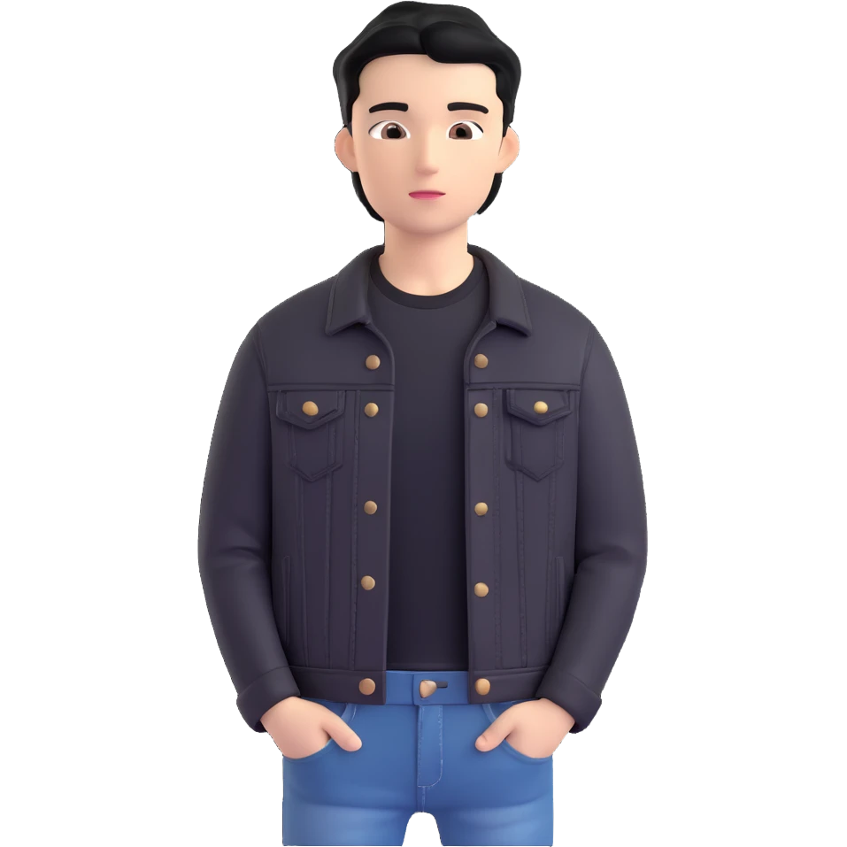 3D emoji Microsoft style, young man with black hair, wearing black t-shirt and black denim jacket, photo reference emoji