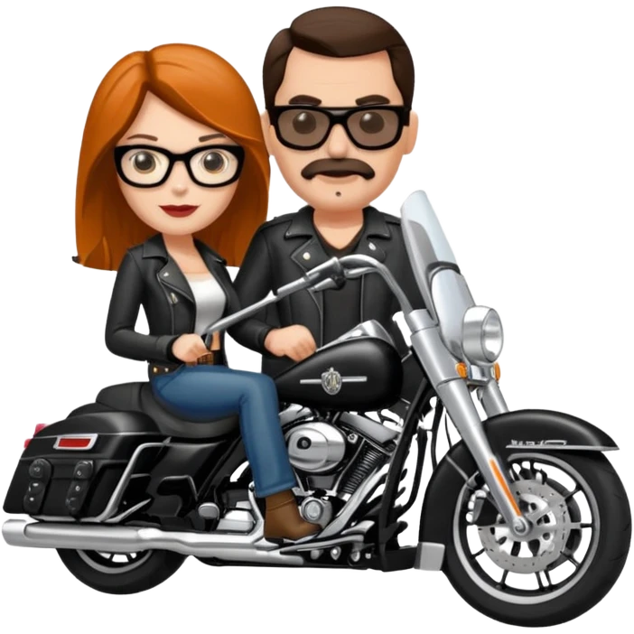 Un couple de biker sur une harley road king noire, l'homme n'a pas de moustache et une paire de lunettes demetz ros21, la fille a des cheveux plus dans les tons chatain emoji