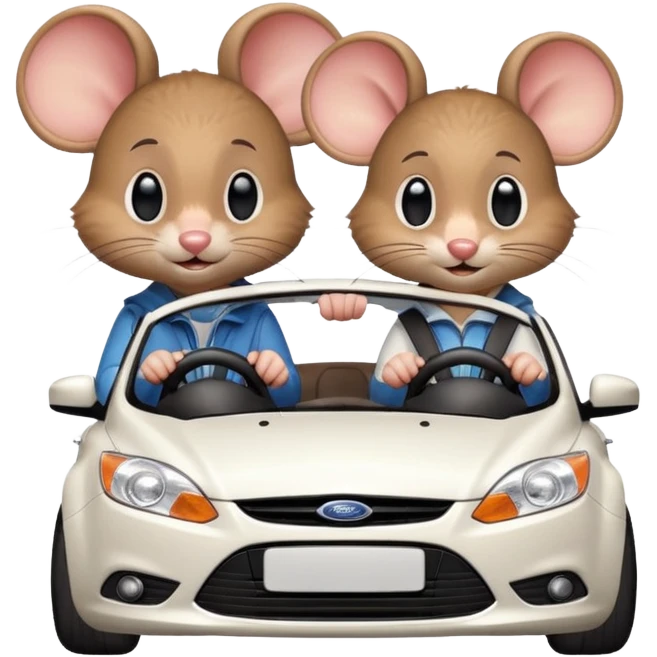 Two mouses, one girl and one boy drive a white ford focus card emoji