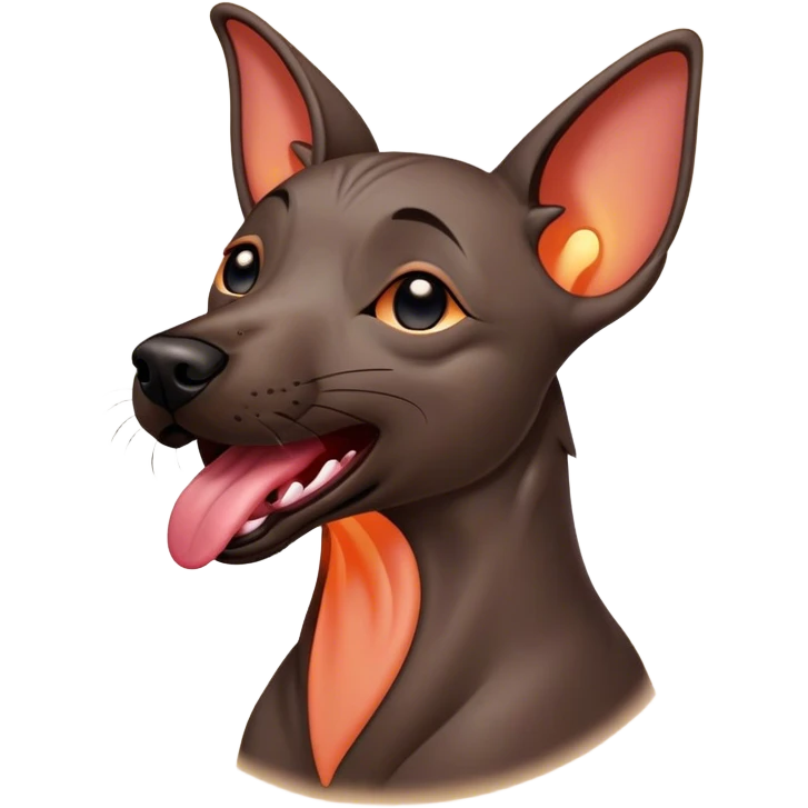 Cinematic Cute Yawning Xoloitzcuintle dog Portrait Emoji, Head tilted slightly with a dramatic, wide-open yawn, showcasing smooth, hairless ebony skin with gently relaxed wrinkles and floppy ears slightly drooping, round dark eyes barely open in drowsy contentment, Simplified yet irresistibly adorable features, highly detailed, glowing with a soft, cozy glow, high shine, relaxed yet expressive, stylized with a touch of whimsy, bright and endearing, soft glowing outline, capturing the essence of a sleepy yet affectionate guardian, so drowsy it feels like it could stretch out of the screen and curl up for a nap! emoji