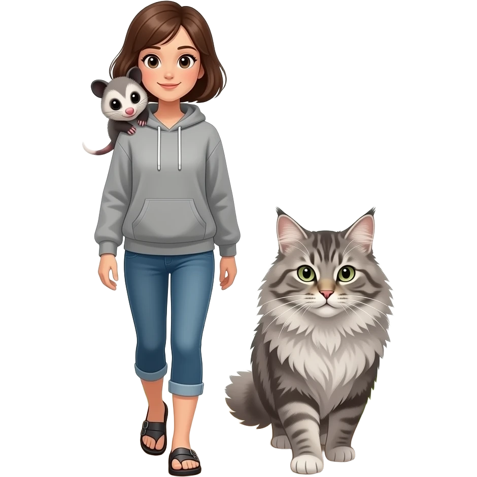 Woman, shoulder length dark brown hair with narrow silver streaks, wearing a pullover hoodie, capri pants past the knee, birkenstocks with no socks, with a cute opossum on her shoulder, a big long haired grey Maine Coon with tuffed ears beside her, walking on a trail emoji