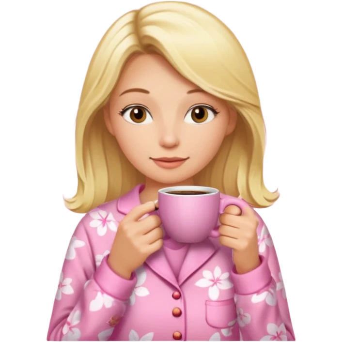 A blonde woman in pink pajamas wakes up to drink coffee. emoji