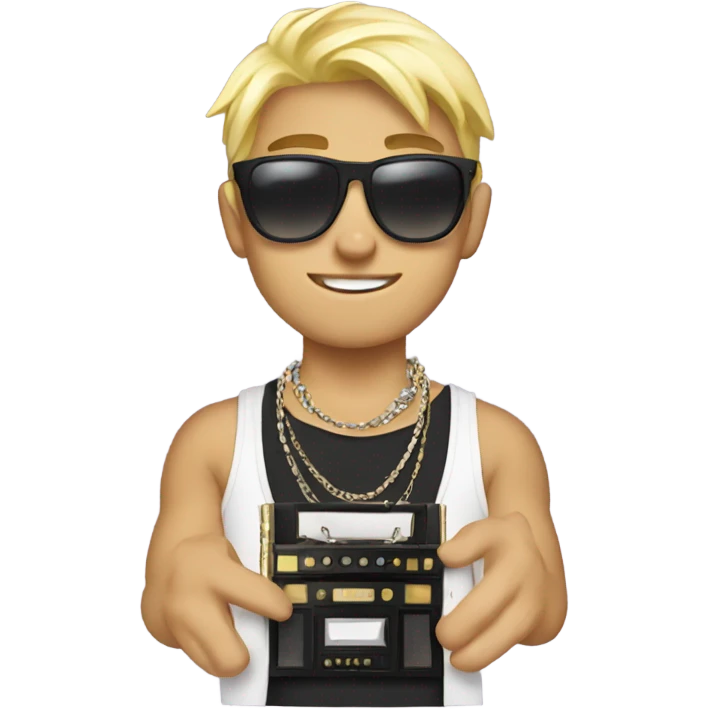 blonde boy in stylish jewelry with a boombox emoji