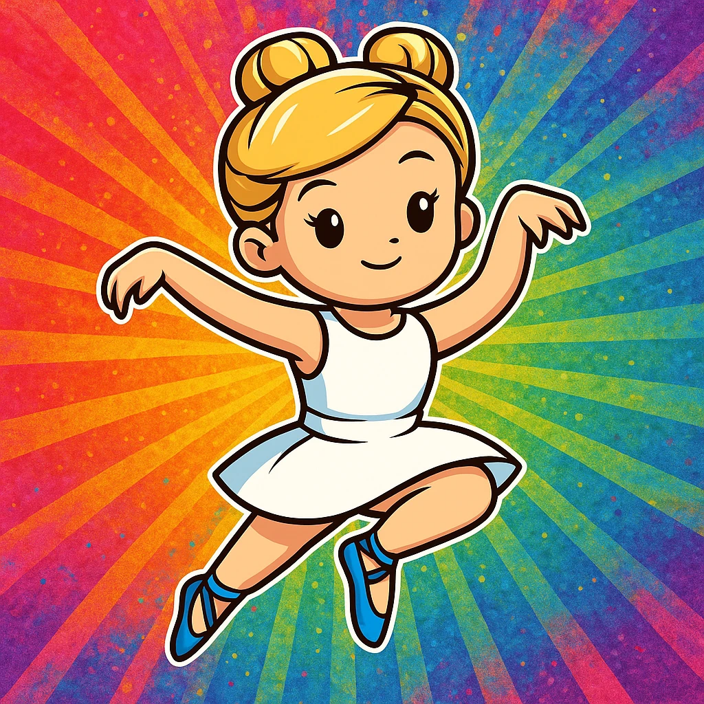 Add a vibrant, colorful background behind Dana Dawson in a dance pose, keep the original cartoon sticker style emoji