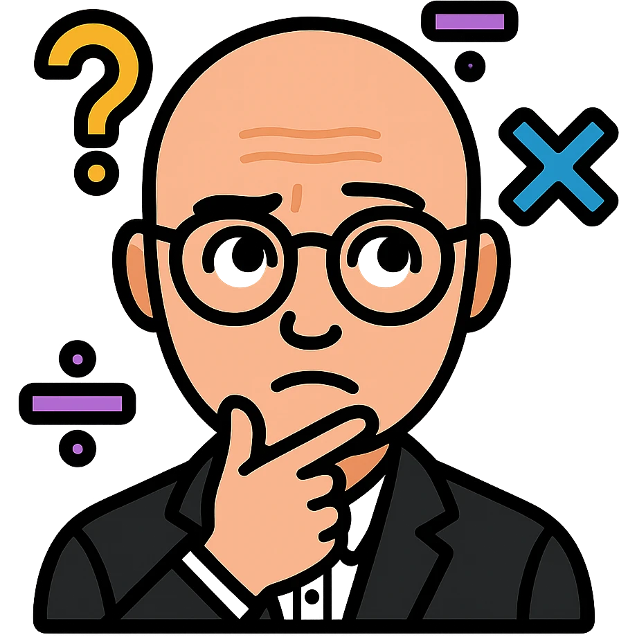 Add a thinking expression to the bald man with glasses surrounded by math symbols, keep the background transparent. emoji