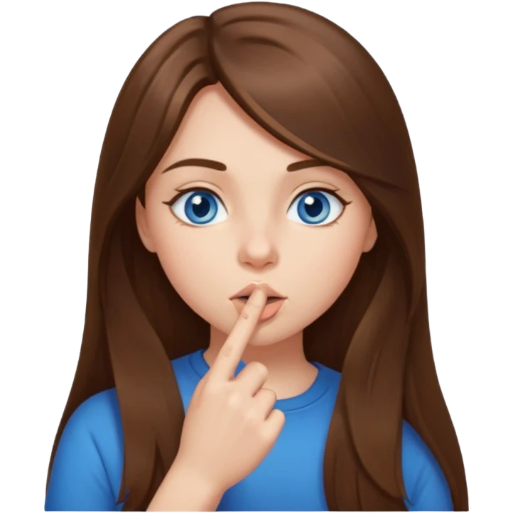 a girl with long hair, blue eyes telling to be quiet with the finger near her mouth emoji