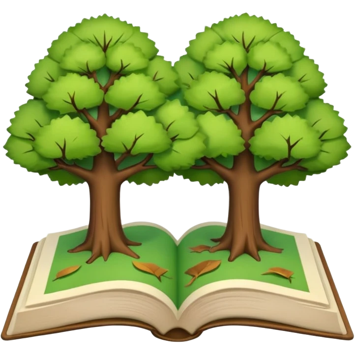 A 3D cartoon open book showing illustrations of two trees—one green and one dry—clean background, soft shadows, realistic Memoji-style look. emoji