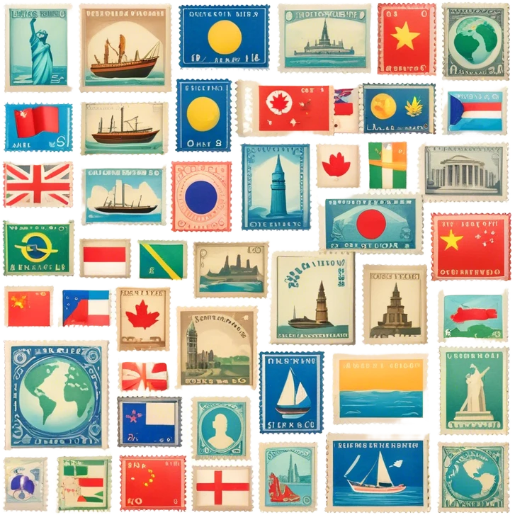 Icon for Stamp Collecting: a collection of vintage and colorful stamps arranged in an album or on a desk, showcasing various countries and themes. The icon should reflect the charm and history of philately. Transparent background. emoji