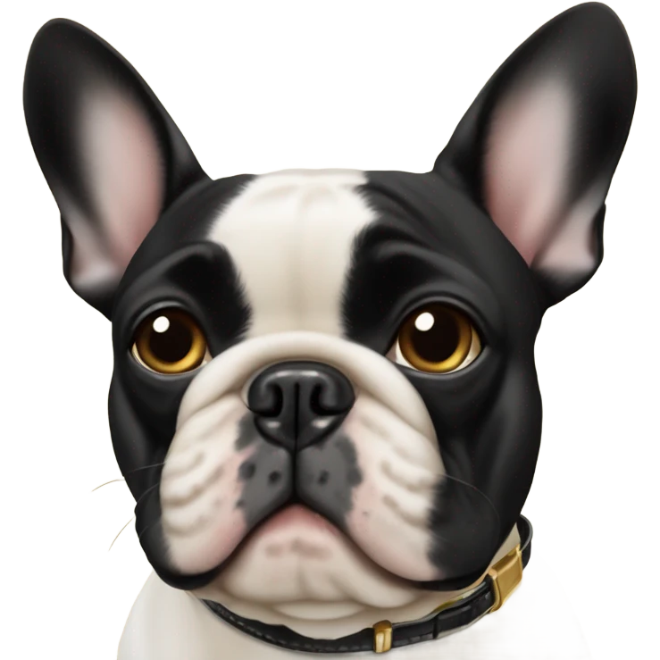Black and gold French bulldog with a work name tag thh says hello my name is bourbon emoji