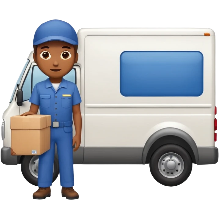 emoji of delivery truck with empty cargo area and a delivery man is standing nearby in waiting pose, dressed in work uniform emoji