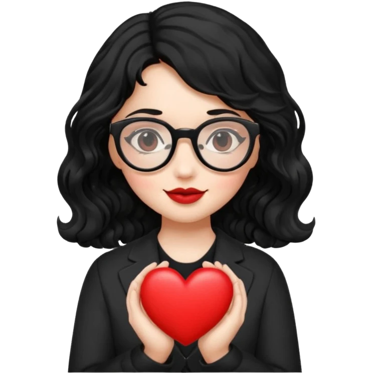 niña con pelo ondulado color negro con lentes negros y tenga un corazon en la mano emoji