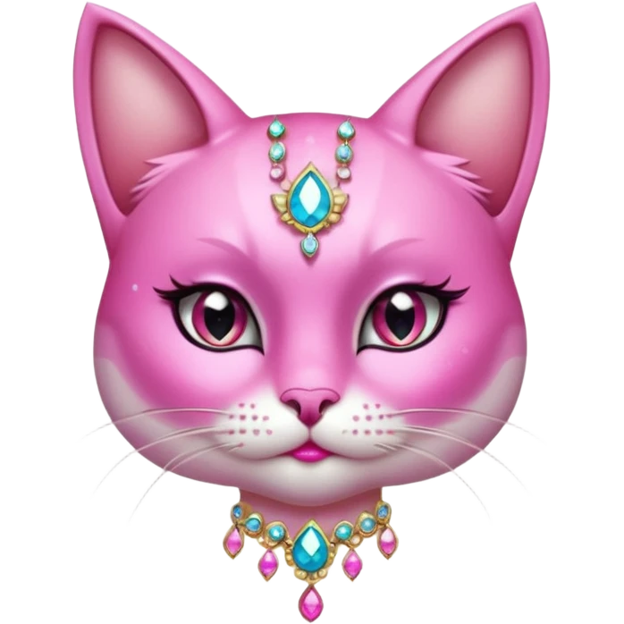 glamorous cat portrait, head and shoulders only, exaggerated pink makeup, bright eyeshadow, long eyelashes, shiny blush cheeks, sparkling face gems, glitter accents, elegant earrings, fantasy beauty style, cute 3D cartoon, mobile game icon style, clean background, no text, no watermark
 emoji