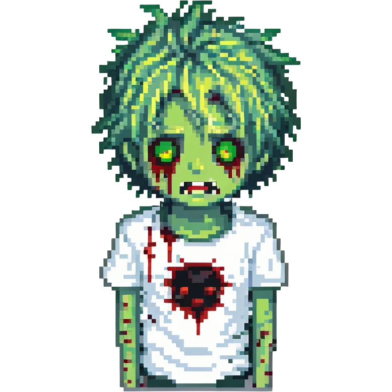 boy zombie emoji with pale whitish green skin, spiky anime hair, blood coming out of eyes, blood on white shirt emoji