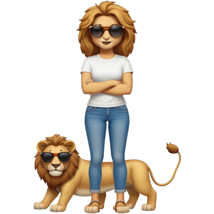 friendly anthropomorphised female lion character, full body, standing confidently with legs shoulder width apart and arms folded, wearing jeans, a white t-shirt, and dark sunglasses, with a confident smile emoji