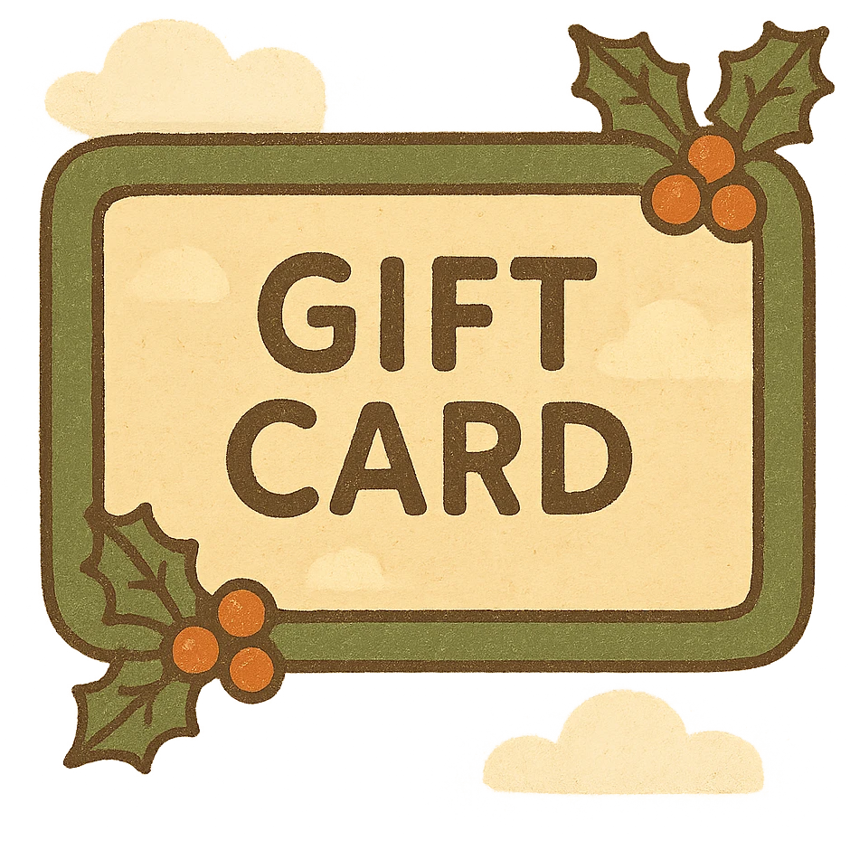 A gift card with a green and gold design, featuring holly leaves and berries, flat design. emoji