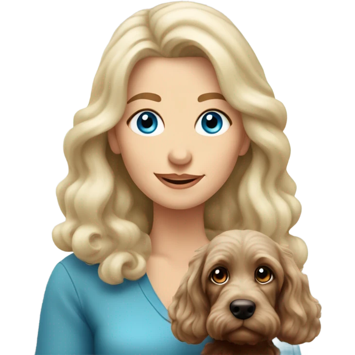 blue eyed very old long haired blonde lady with dark brown Cockapoo puppy dog emoji