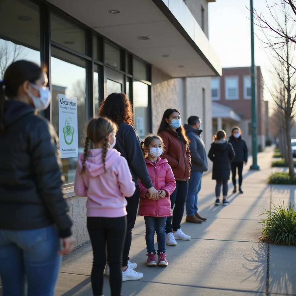 photo-realistic documentary style, parents with children in line outside a modern medical clinic, some masked, clear vaccination sign, suburban setting, soft daylight, 4K resolution emoji