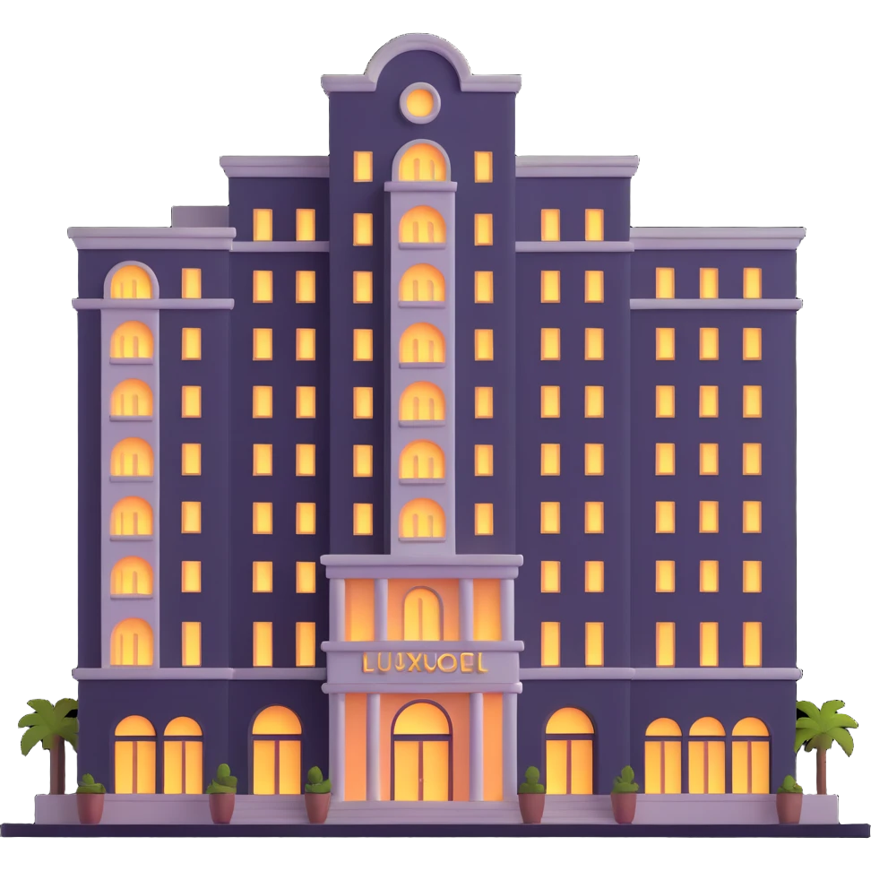 luxurious hotel building with lit entrance and many floors emoji