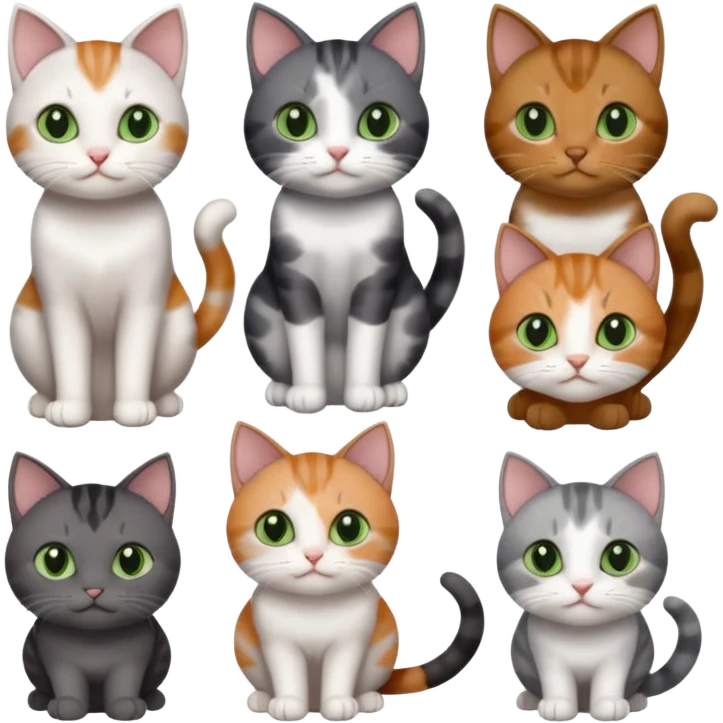 6 different coloured small cats including a dark grey and white, and a patchy calico, and a brown tabby and white,  and a completely solid dark grey with green eyes and only white paws emoji