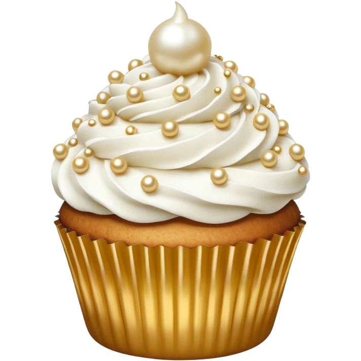 cupcake with white frosting and gold pearls emoji