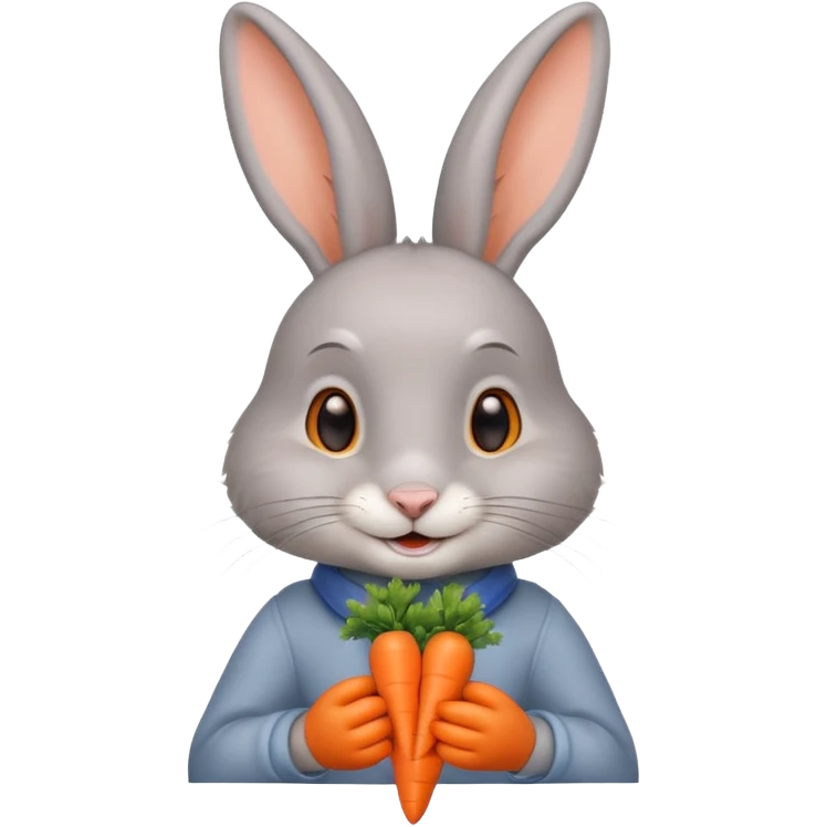 Gray rabbit holding carrot, cute smile, half body emoji