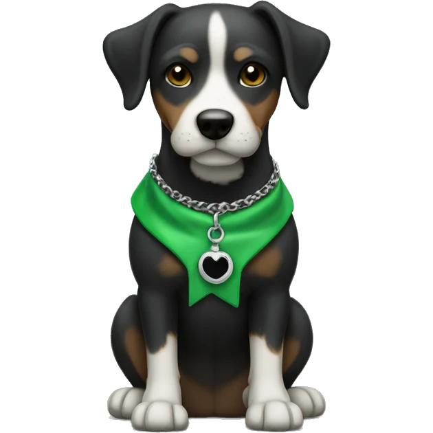 Chien noir avec un collier vert et une tache blanche sur le torse  emoji