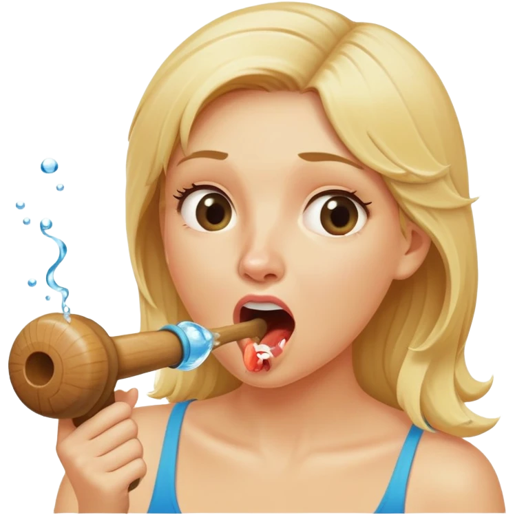 blond woman biting a wide stick with a D-shaped knob, both the same color as her skin, the knob has visible skin texture, water jet shooting from the flat side of the knob into her mouth, surprised look emoji