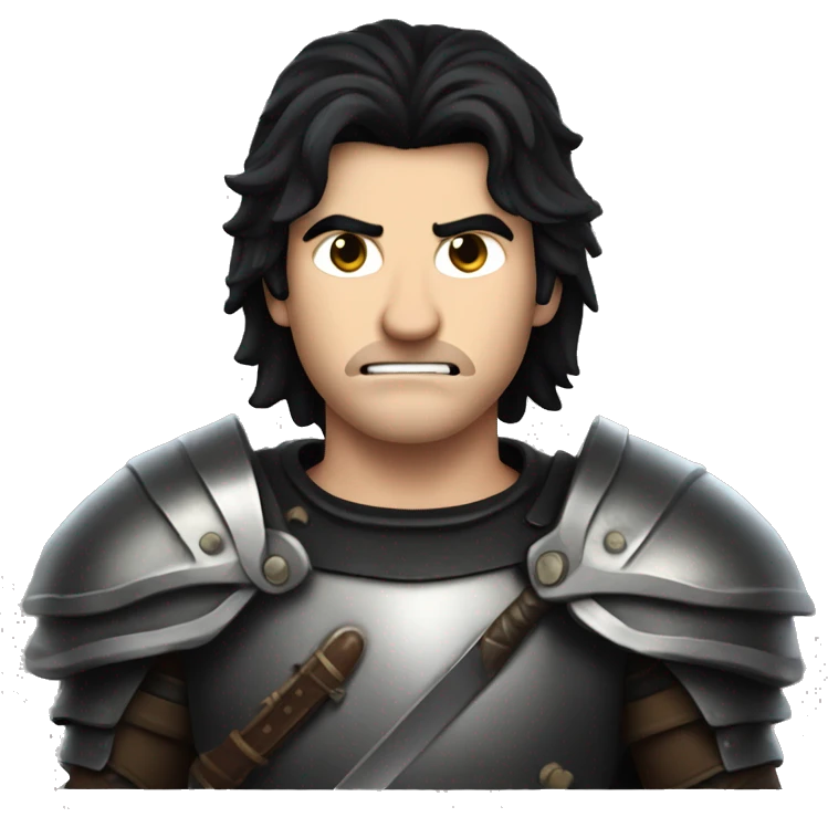 white guy with black hair and leather armor with a big sword and an angry face emoji