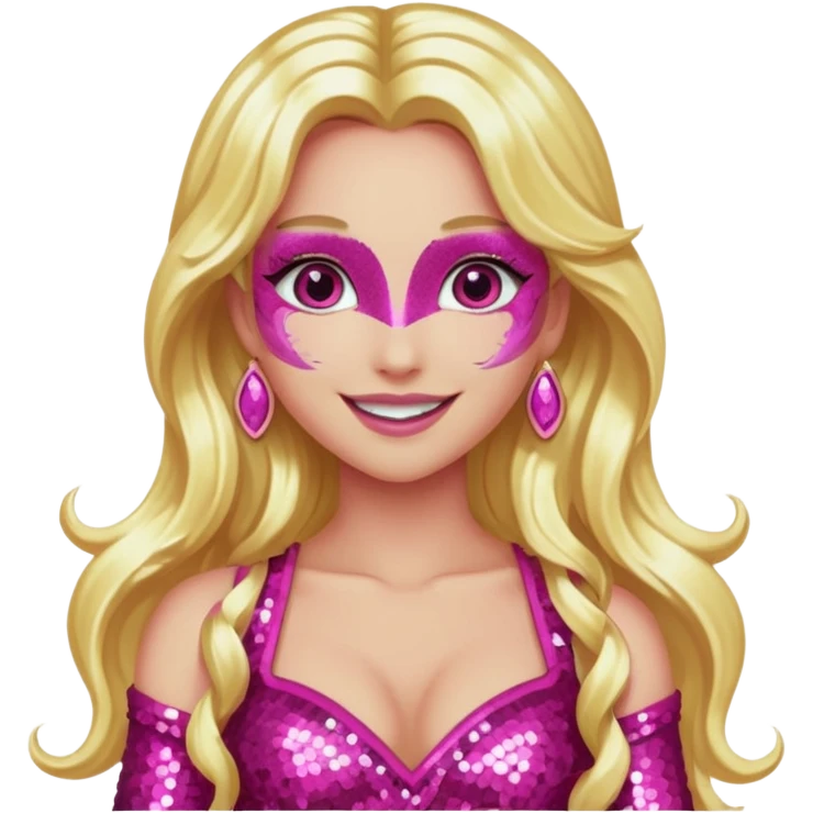 Venus, Love Goddess with metallic pink skin, long blonde hair, dark pink sequin outfit emoji