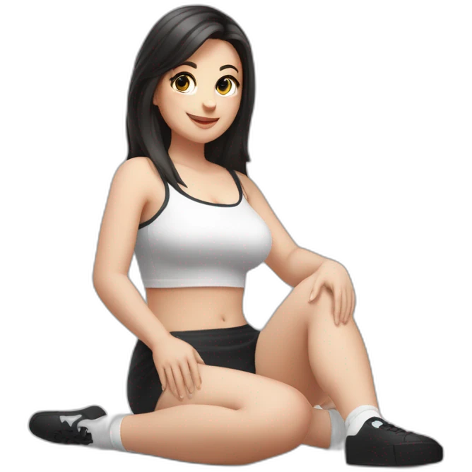 Front view full body curvy caucasian beauty sitting on the floor straight hands up black skirt white knickers white socks emoji